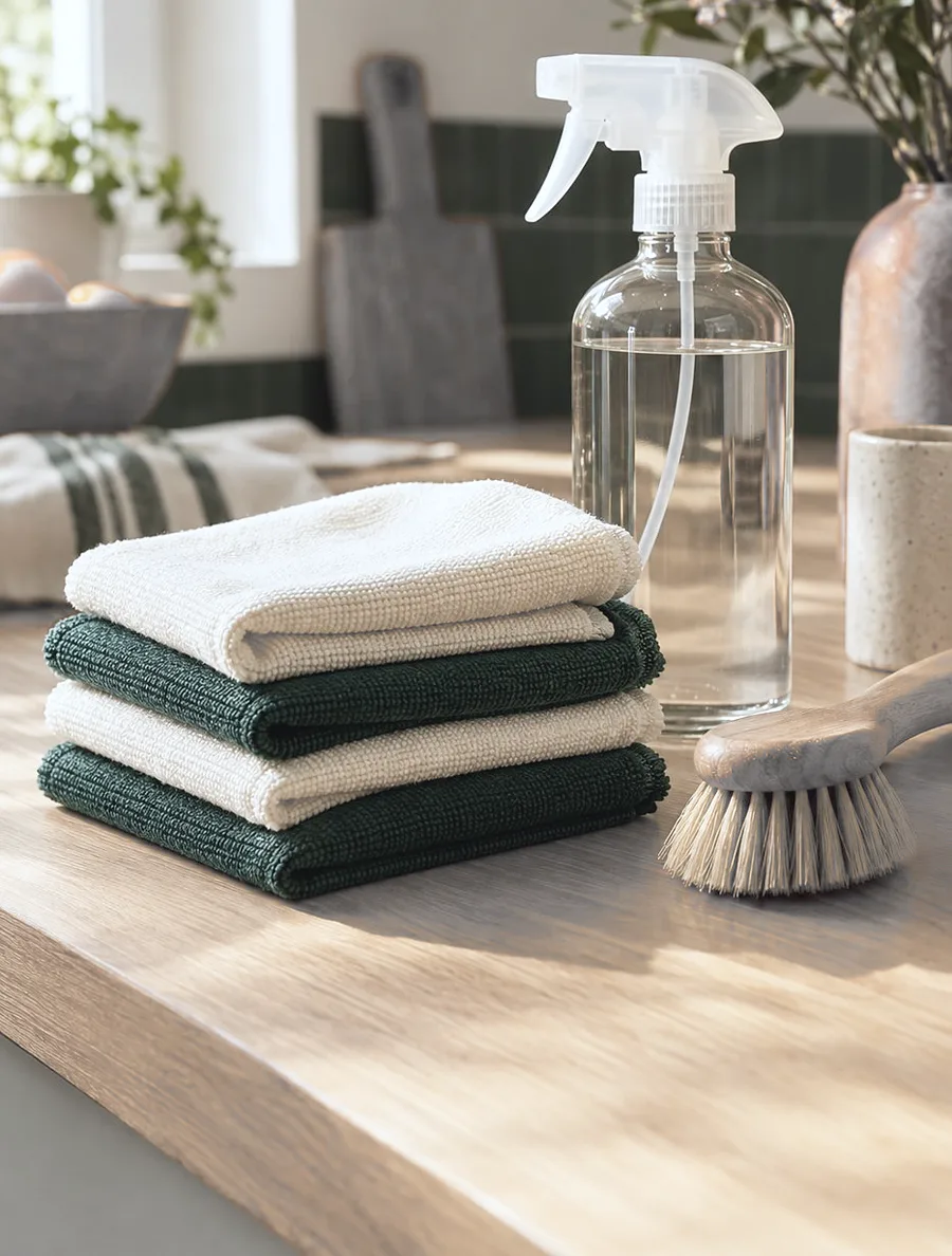Folded cleaning cloths and a spray bottle